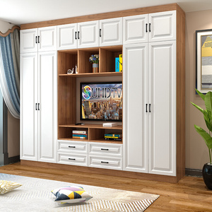 简欧衣柜带电视柜一体卧室组合墙小户型现代多功能主卧定制储物柜