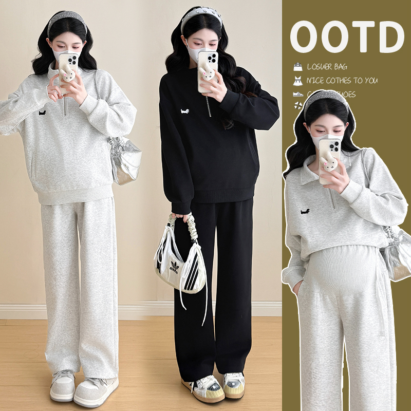 实拍视频2025秋季新款半拉链翻领腊肠狗刺绣孕妇托腹裤孕妇两件套