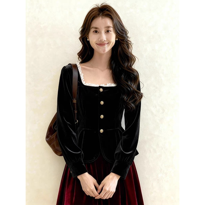赫本风法式黑色方领丝绒衬衫女秋冬轻奢高级感气质显瘦巨好看上衣