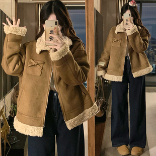 实拍咖色羊羔毛绒皮草外套冬季 上衣女 皮毛一体设计感长袖