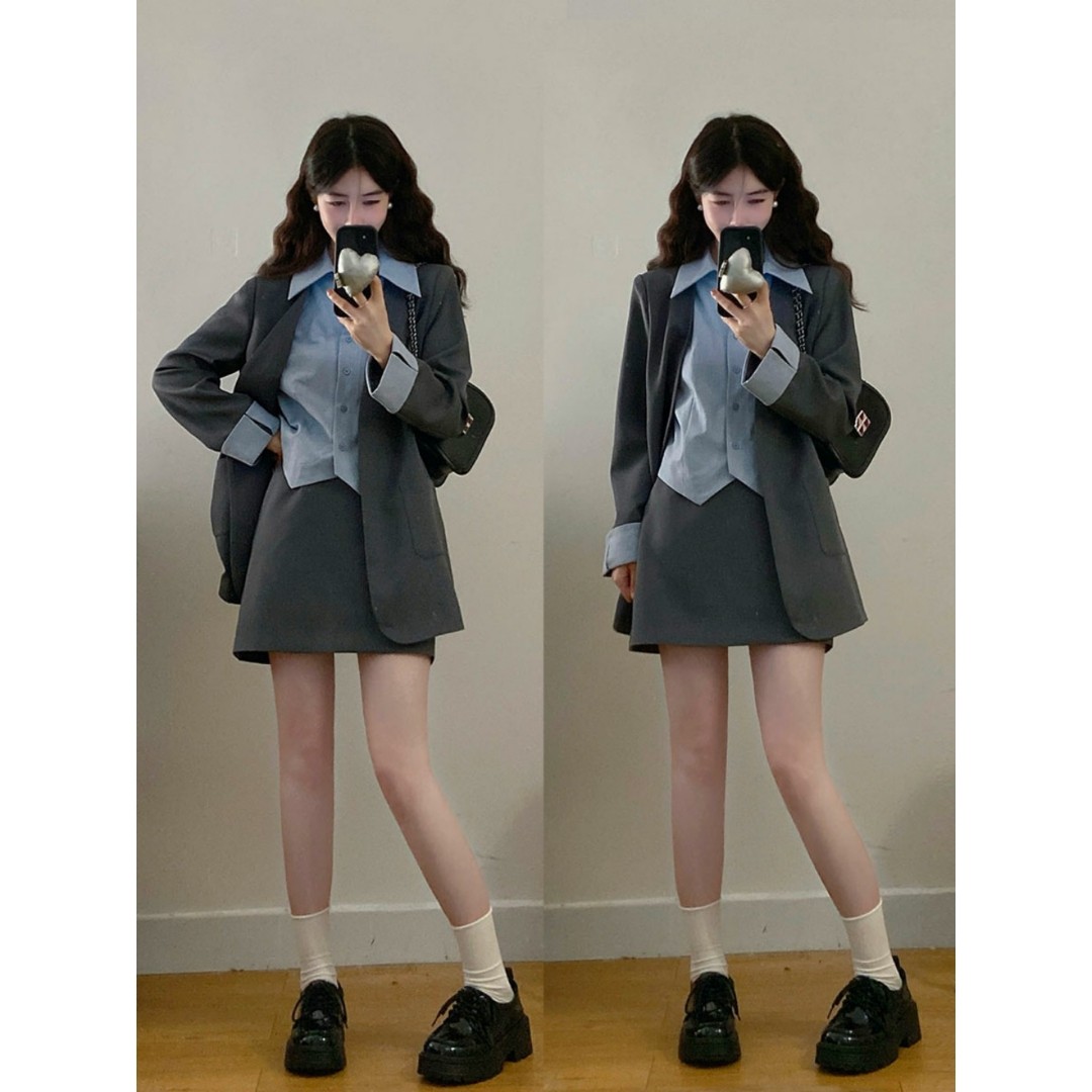 实拍~大码女装小众设计感假两件衬衫西装外套半身裙秋季胖mm套装