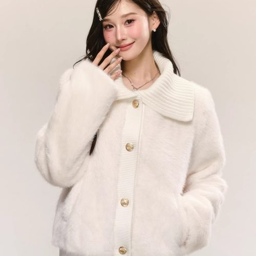 QDQD 甜美可爱风软糯大翻领仿皮草秋冬气质高级感白色毛毛外套女