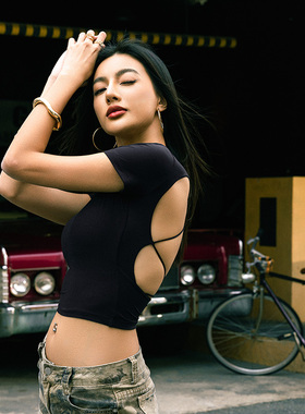 之塑轻塑衣短袖后背镂空交叉美背紧身显瘦美式辣妹ABG女孩正肩T恤