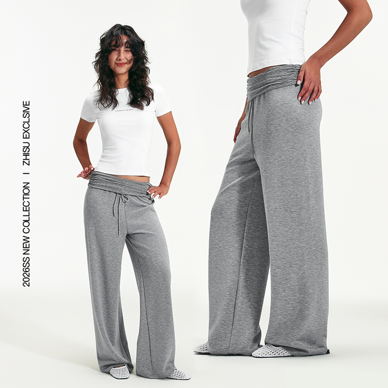 之塑条纹抽褶翻边腰头抽绳休闲卫裤莫代尔美式复古阔腿直筒裤女