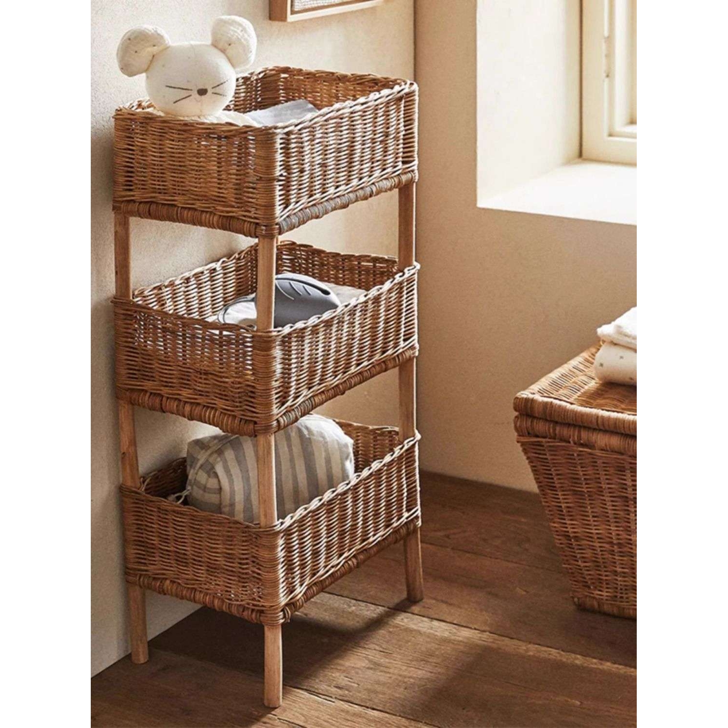 天然藤编置物架落地三层可水洗多层实木收纳架整理收纳筐田园风