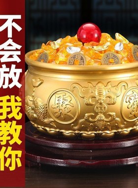 实心纯黄铜聚宝盆铜摆件中式客厅办公室店铺存钱罐米缸Z工艺品礼