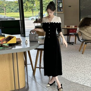 撞色蕾丝拼接开叉连衣裙 收腰显瘦时尚 法式 复古长裙女2023秋冬新款