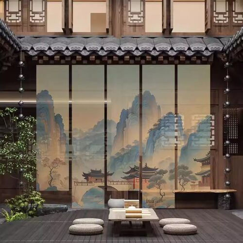 中式山水纱幔挂布定制茶室婚礼
