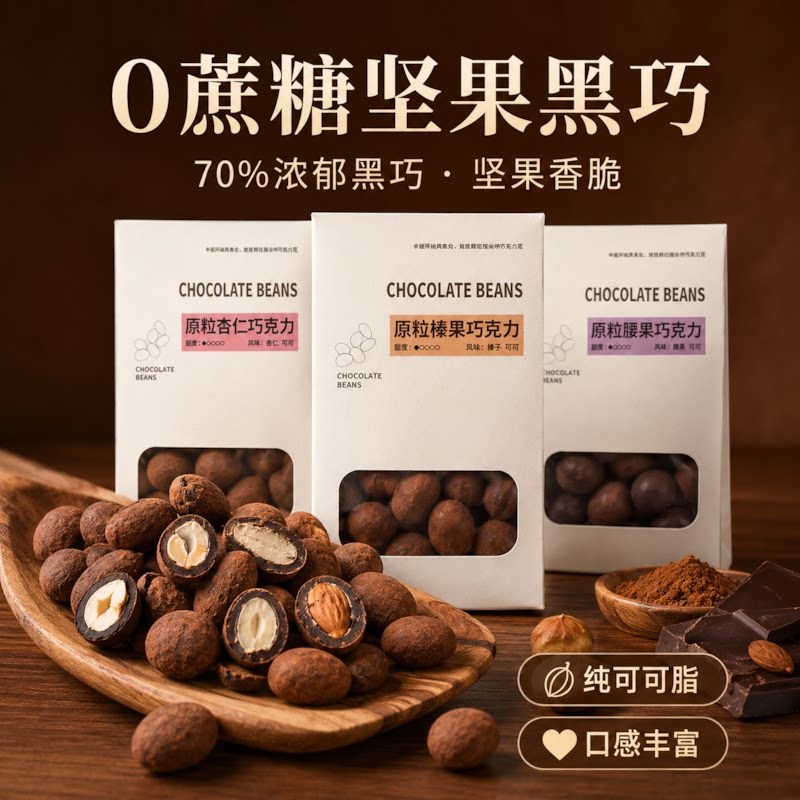 无蔗糖黑巧克力坚果豆榛子碧根果山核桃纯可可脂比利时进口原料