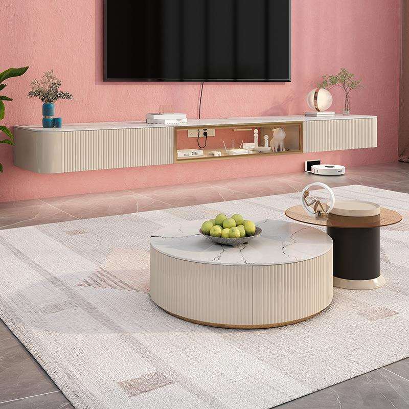 悬空岩板电视柜茶几组合轻奢极简奶油风悬浮电视柜高柜简约地柜