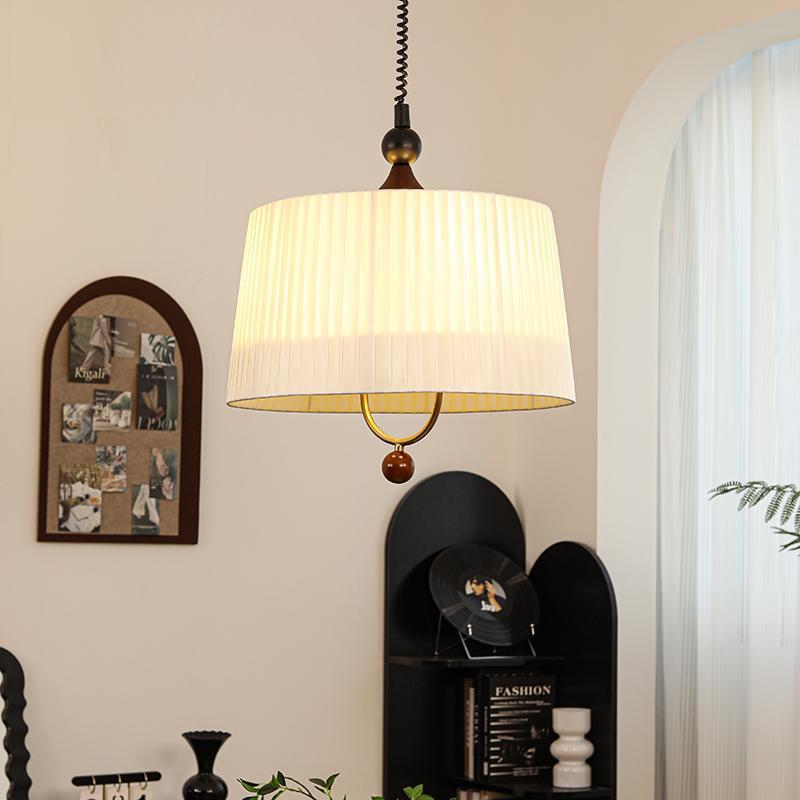 法式中古奶油风布艺吊灯可伸缩北欧餐厅吧台卧室书房实木高级感灯