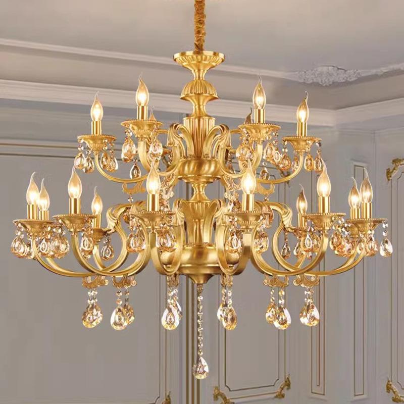 复古全铜蜡烛水晶吊灯欧式别墅中空跃层酒店大堂双层吊灯