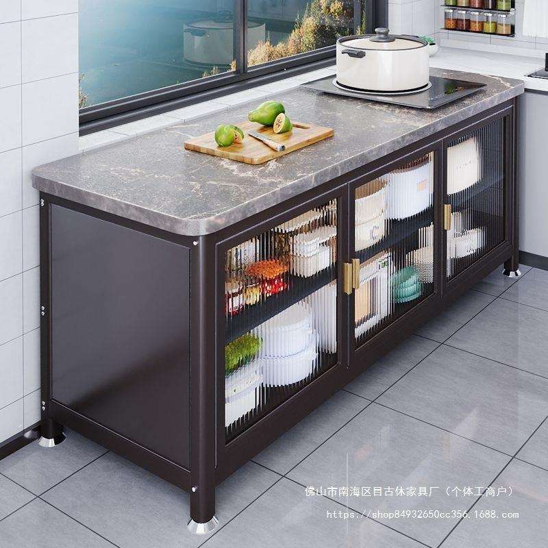 对开门岩板厨房置物架落地多功能收纳橱柜子微波炉烤箱储物餐边柜