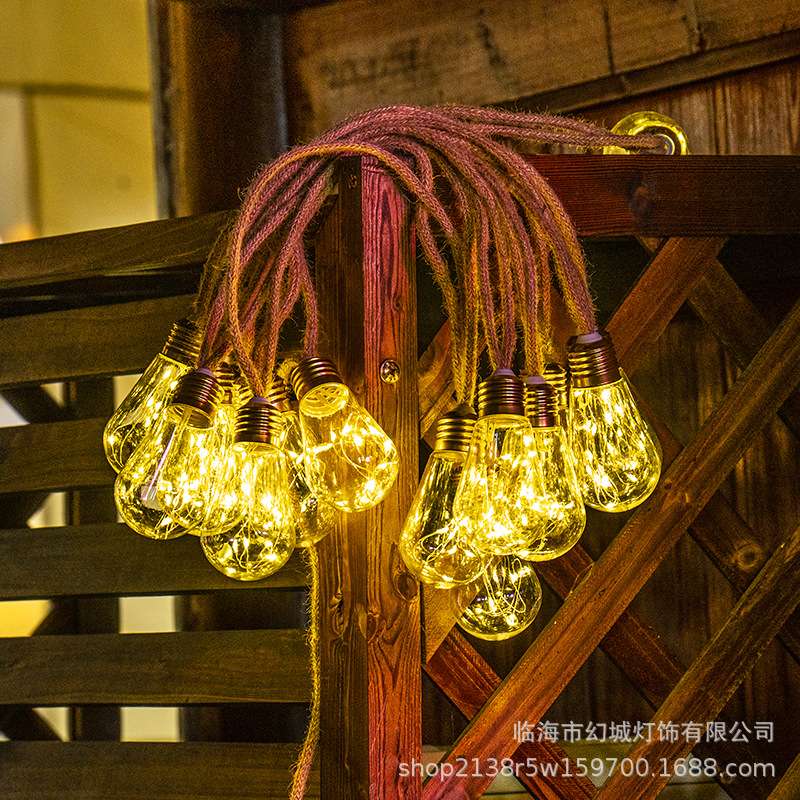跨境麻绳灯串铜线灯新款太阳能户外防水露营装饰氛围圣诞节日彩灯