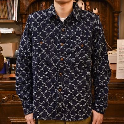 日本Studio D’Artisan小猪5728靛蓝多臂刺子菱形提花工装衬衫