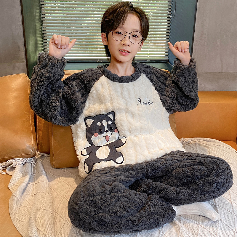 秋冬季男童法兰绒睡衣套装青少年