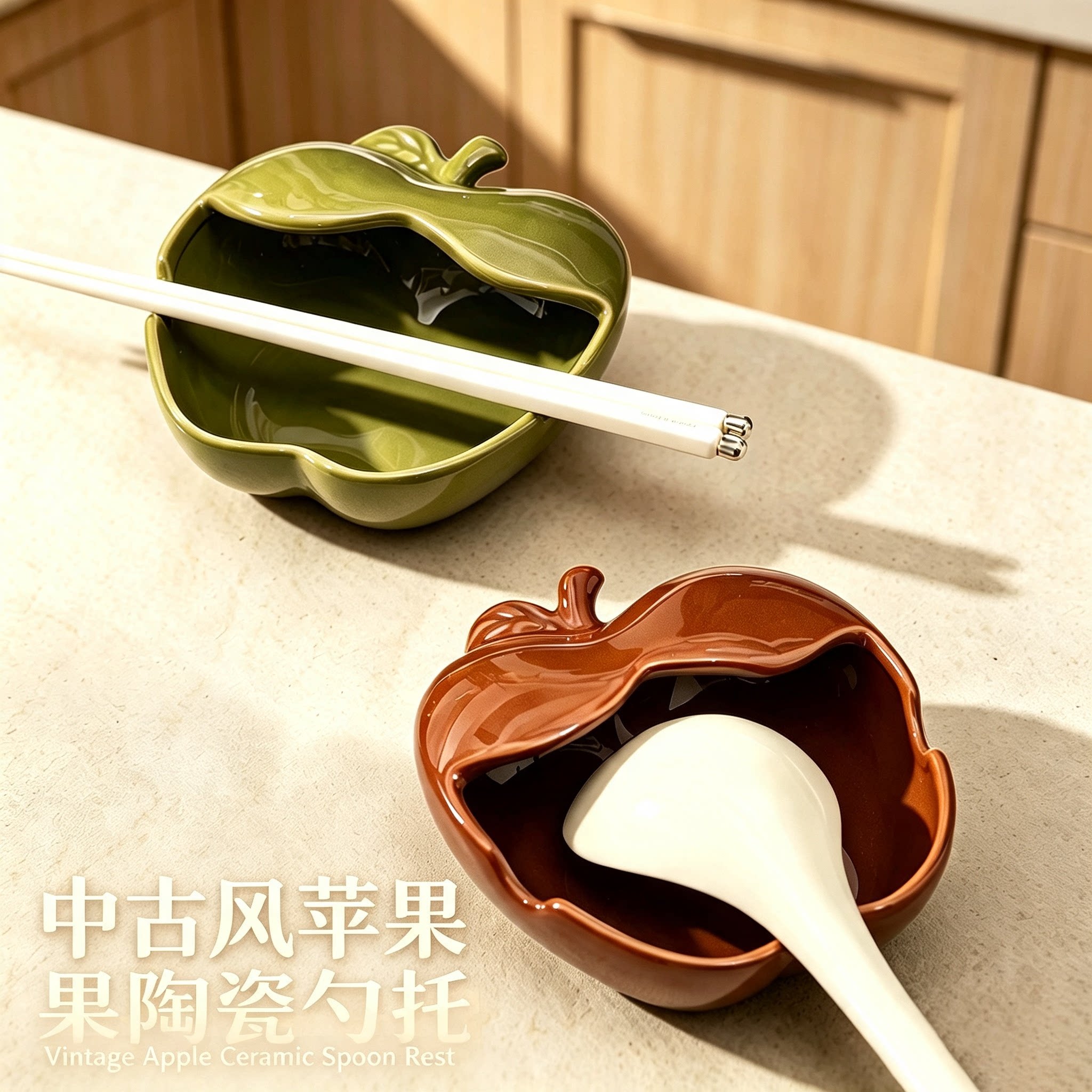 中古风苹果造型陶瓷勺托家用灶台汤勺垫锅铲架餐桌筷子勺子收纳盘图片