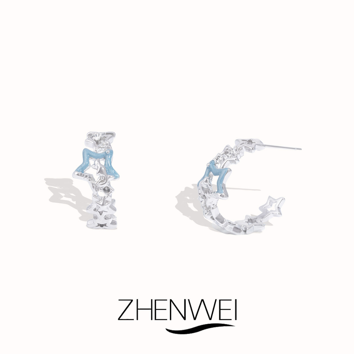 蓝闪星环耳钉时尚简约