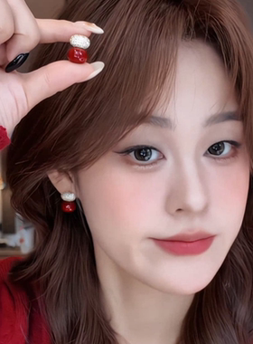 ZHENWEI/甄薇  法式复古红色珠珠耳钉女小众个性高级感ins风耳饰