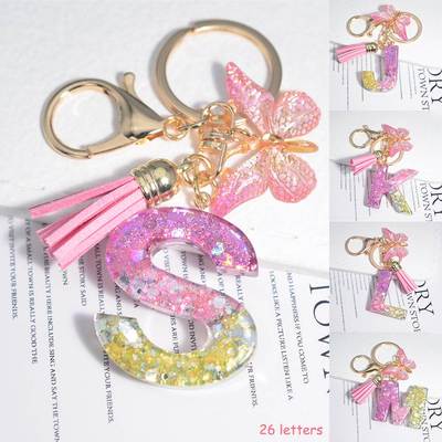 Cute Resin A-Z Initials Letter Keychain Pink Sparkle Butterf