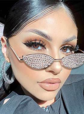 欧美ins抖音新款金属镶钻猫眼太阳镜小框眼镜时尚墨镜sunglasses