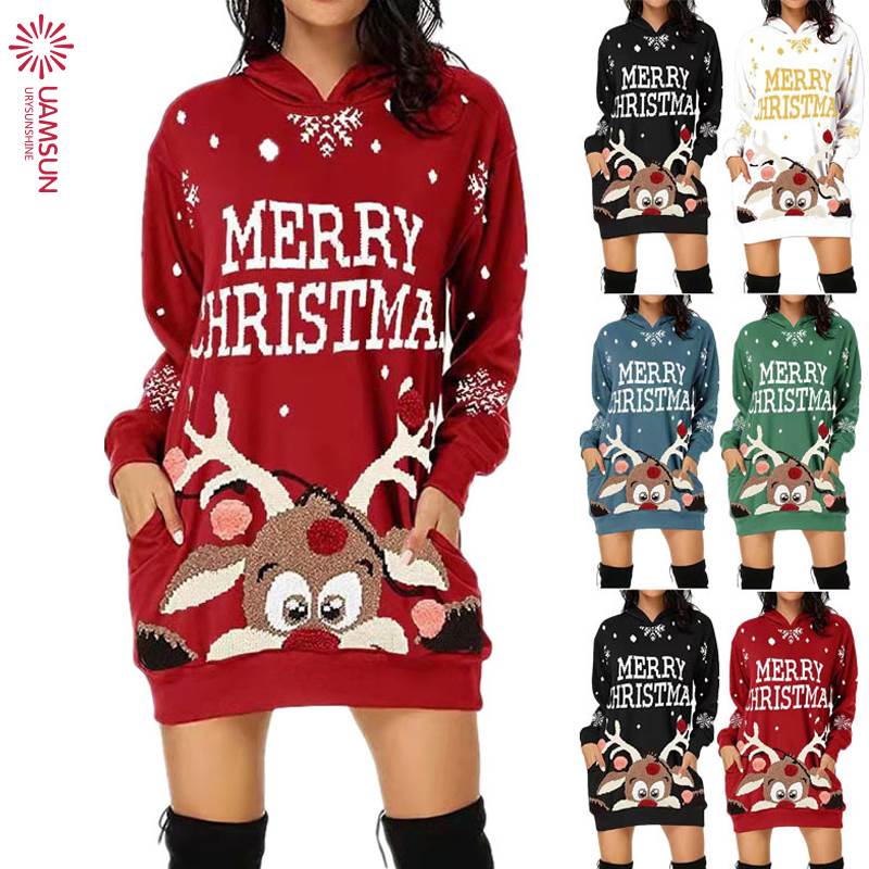 Women Christmas Printed Hooded Dress圣诞印花连帽卫衣裙连衣裙