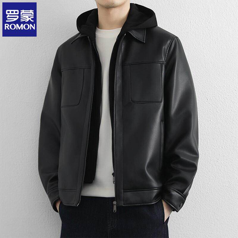罗蒙假两件羽绒服男冬季新款PU翻领夹克痞帅短款保暖机车皮衣外套