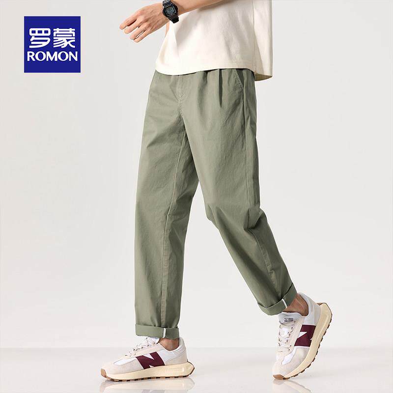 罗蒙棉质休闲裤男士宽松直筒2026夏季薄款简约百搭男款九分裤子潮