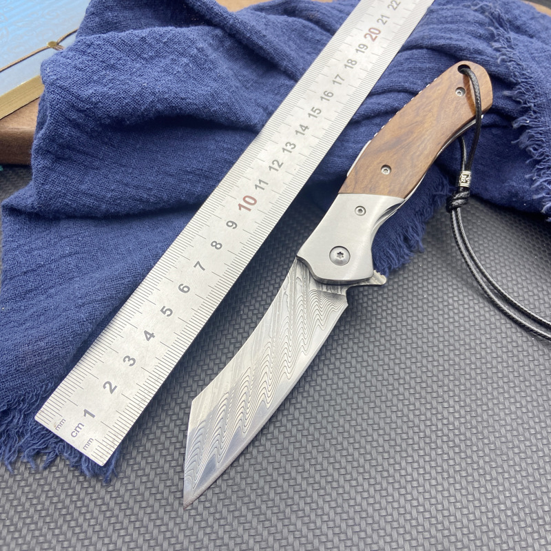 大马士革钢折叠刀沙铁木手柄户外野营求生刀家用水果刀瓜果刀折刀