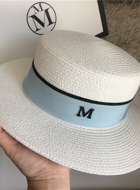 2020春夏新款M标白色平顶草帽子蓝色丝带遮阳帽街头潮搭小礼帽女