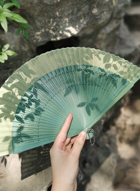 古风折扇夏e季旗袍汉服折叠扇绿色小竹绢布扇子中国风舞蹈跳舞扇
