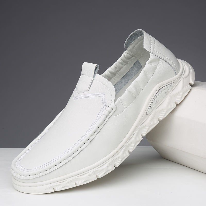 头层牛皮豆豆鞋男真皮一脚蹬驾车软底透气百搭白色休闲鞋男鞋子