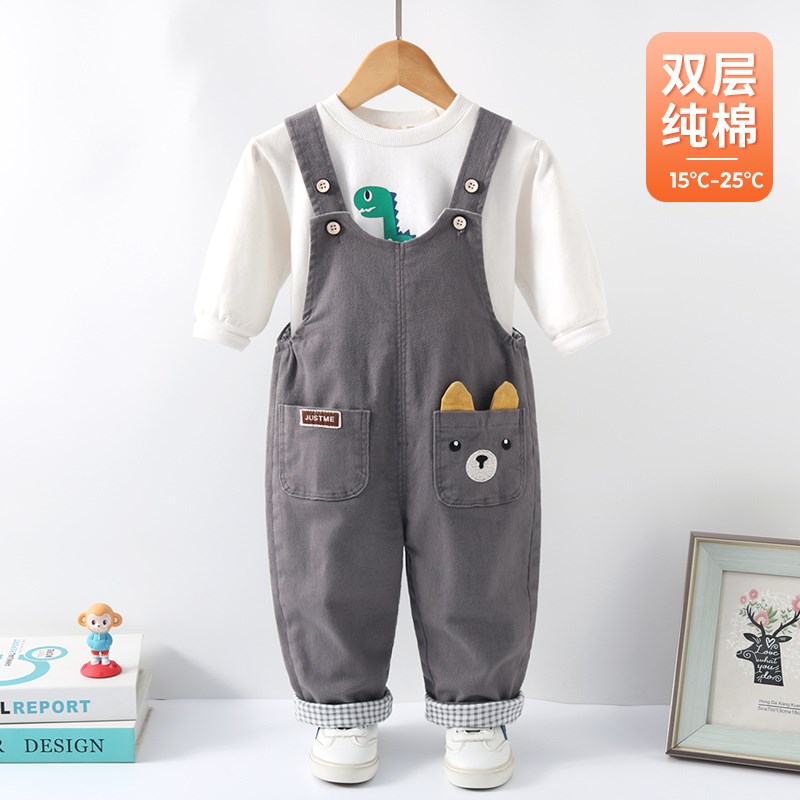 宝宝背带裤春秋纯棉双层男童秋装2024新款一岁儿童女连体婴儿裤子