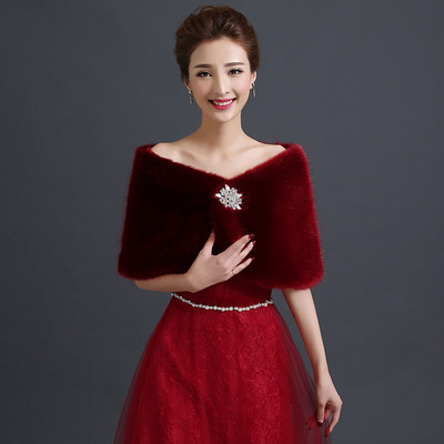 韩版新款酒红色婚纱礼服毛披肩冬季新娘结婚外套伴娘加厚保暖外搭