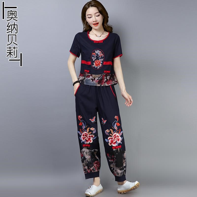 2023夏季新款民族风复古宽松绣C花亚麻上衣女装洋气棉麻阔腿裤套