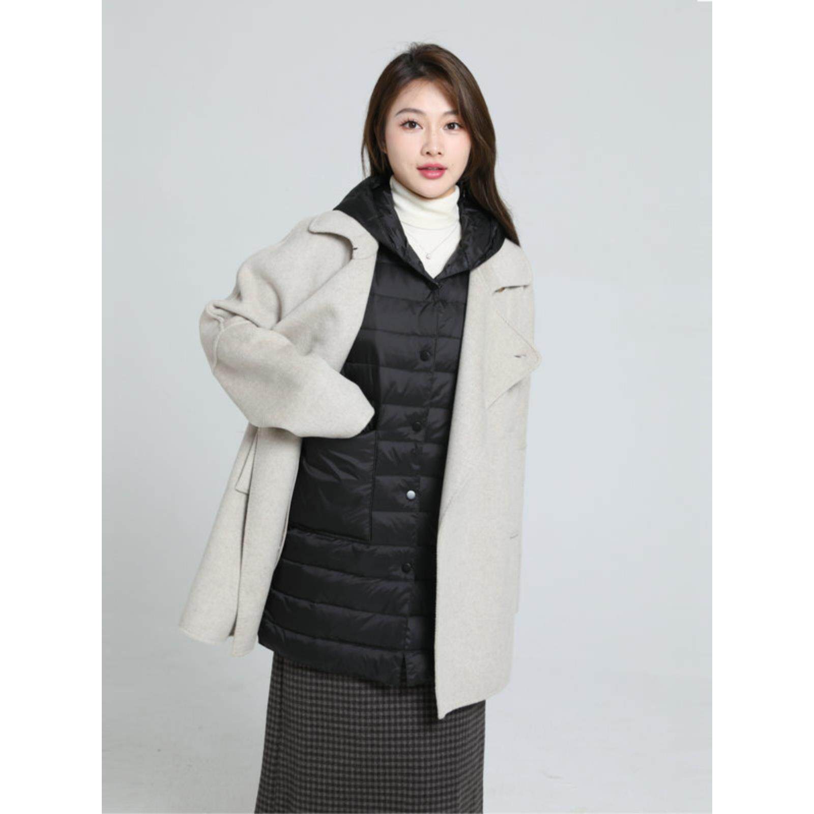 2230季女中长款羽绒马甲无袖连帽反时尚羽绒服背心内T-8801版胆保