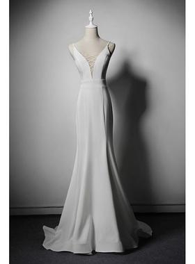 裙轻婚纱旅拍吊带深V领PJC舞持法式白色宴会台表演主晚宴长晚礼服