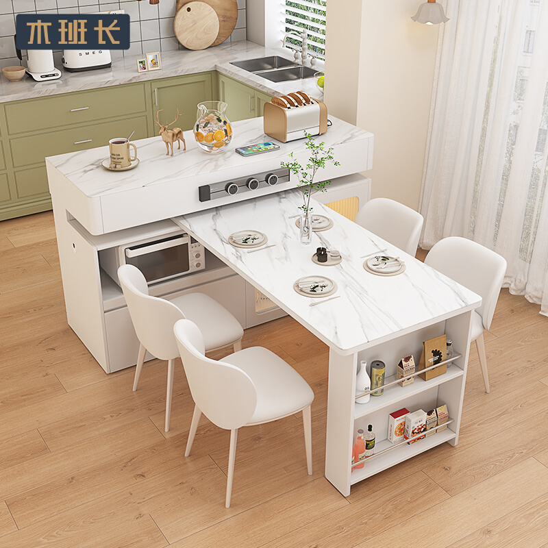 轻奢岛台餐桌一体家用可伸缩旋转多功能餐边柜小户型厨房中导台