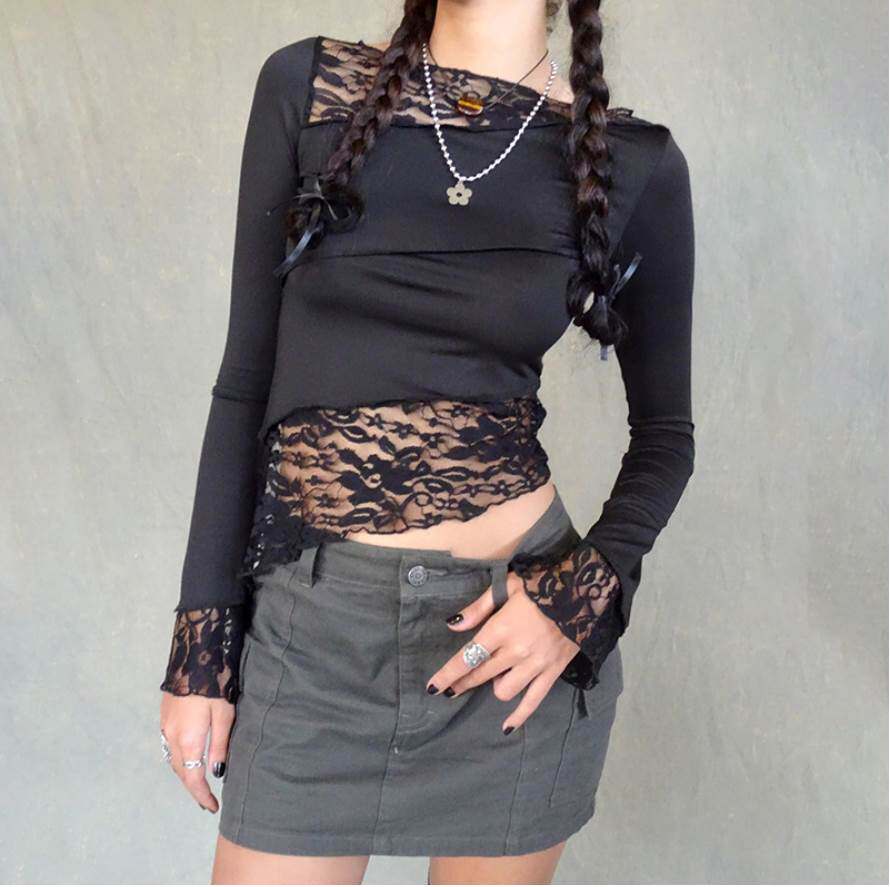 Lace irregular shirt 欧美性感蕾丝单层拼接不规则勾花长袖衬衫