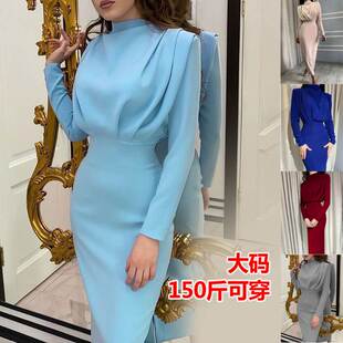 SISHOUSE欧美礼服后开叉长裙女秋气质收腰长袖连衣裙Long Dresses