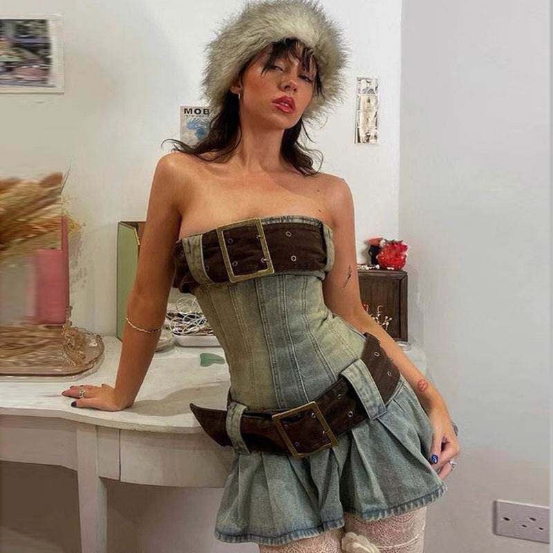 2023女装复古做旧牛仔一字领抹胸连衣裙修身辣妹短裙