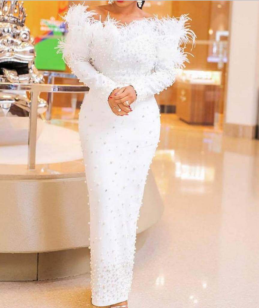 Beaded Feather Dress 欧美性感露肩钉珠长袖羽毛边派对礼服长裙