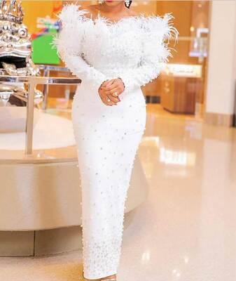 Beaded Feather Dress 欧美性感露肩钉珠长袖羽毛边派对礼服长裙