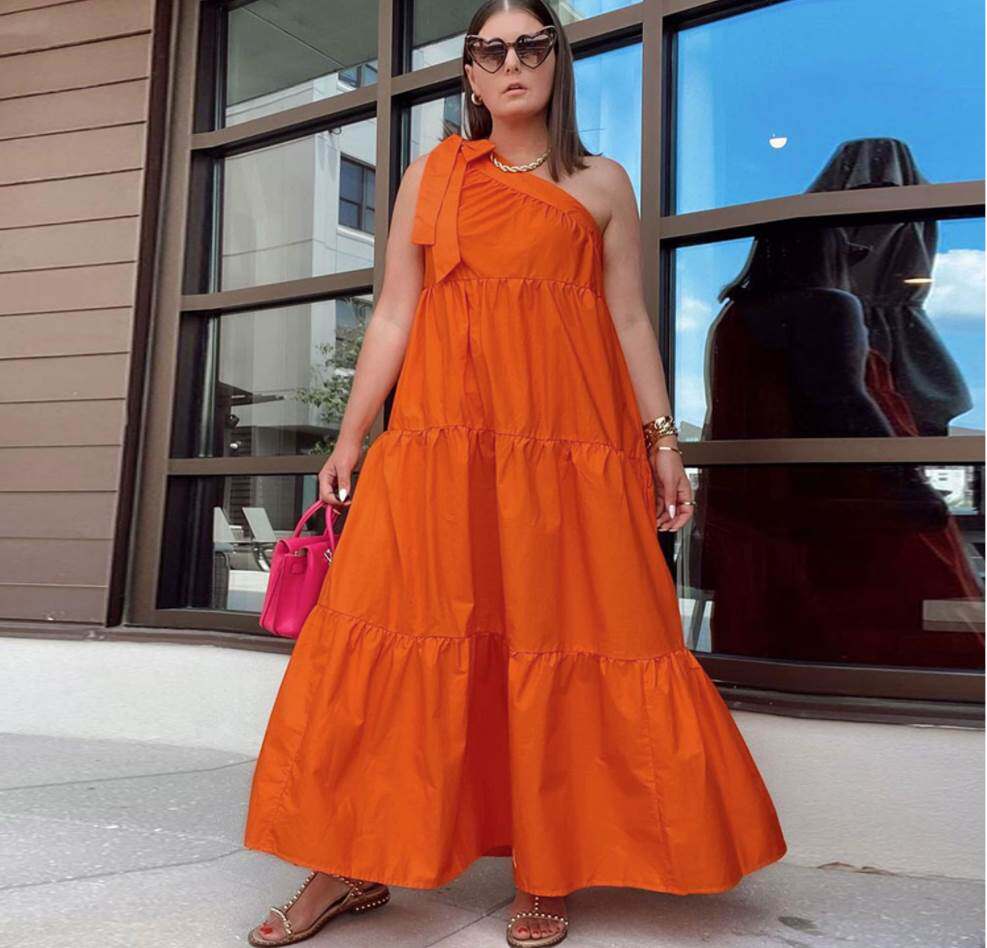 Off Shoulder Ruffle Dress 欧美绑带斜肩大裙摆大码荷叶边连衣裙