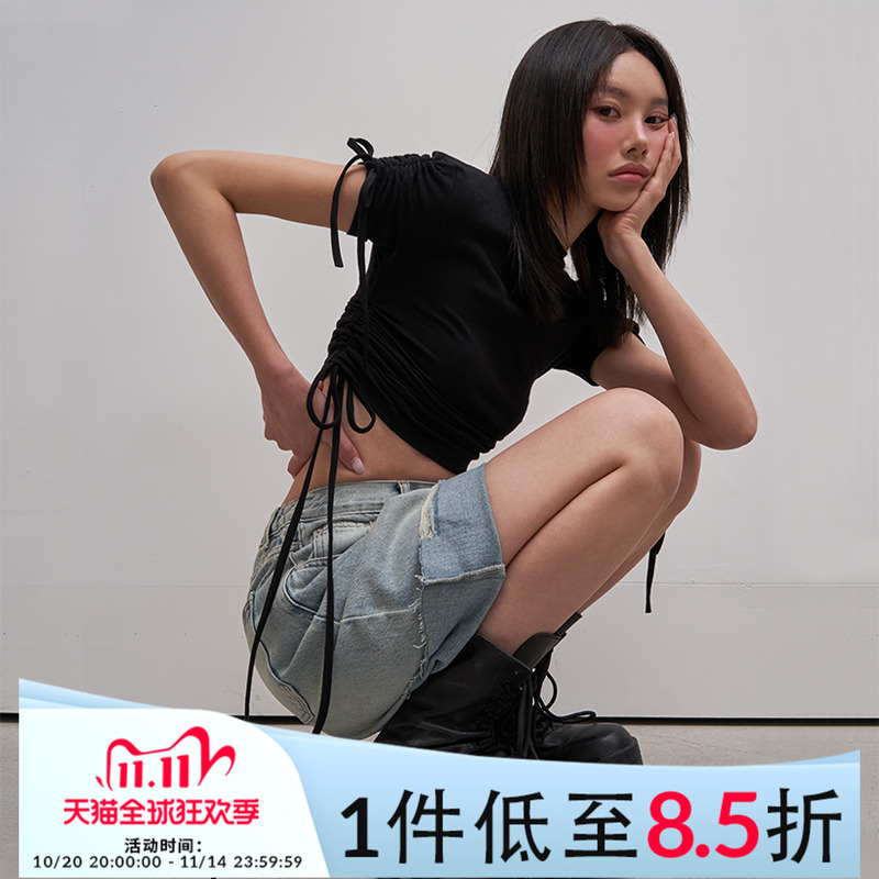 Mathieu韩国设计感系带短袖T恤女夏季洋气小衫修身显瘦别致上衣