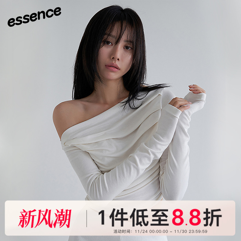 Mathieu【韩系极简系列】斜肩防晒长袖T恤女夏新款设计感抽褶上衣