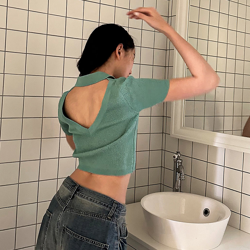 Mathieu韩国洋气Polo领短袖针织衫女春新款性感露背短款显瘦上衣