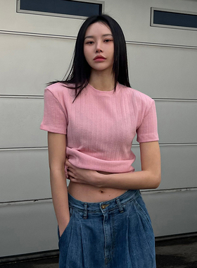 Mathieu韩国洋气基础款正肩短袖T恤女夏季修身显瘦罗纹打底衫上衣