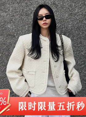 Mathieu韩国粗花妮短外套女秋冬2024新款高级黑色羊毛小香风上衣