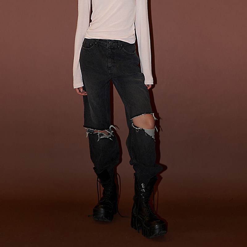 Mathieu韩国时尚高级感破洞牛仔裤女秋季新款美式高街微喇裤子